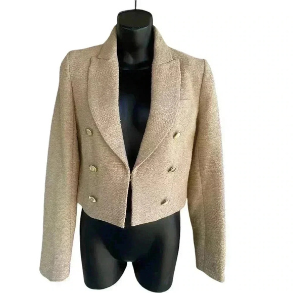 House of Harlow 1960 tweed blazer women’s tan gold buttons sz XS used like new - Picture 4 of 11